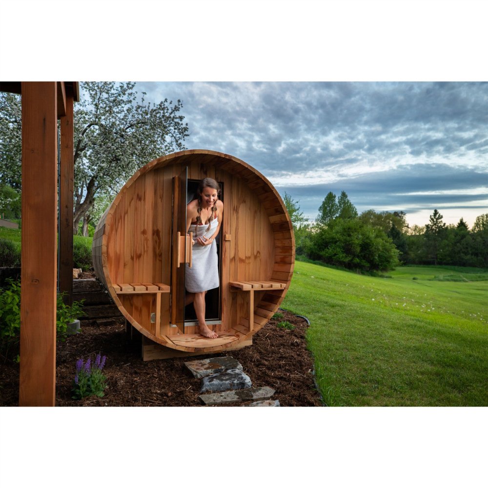 Aleko Barrel Sauna - Front Porch Canopy with Panoramic View - Red Cedar - 8 kW UL Certified KIP Harvia Heater - 6-8 Person