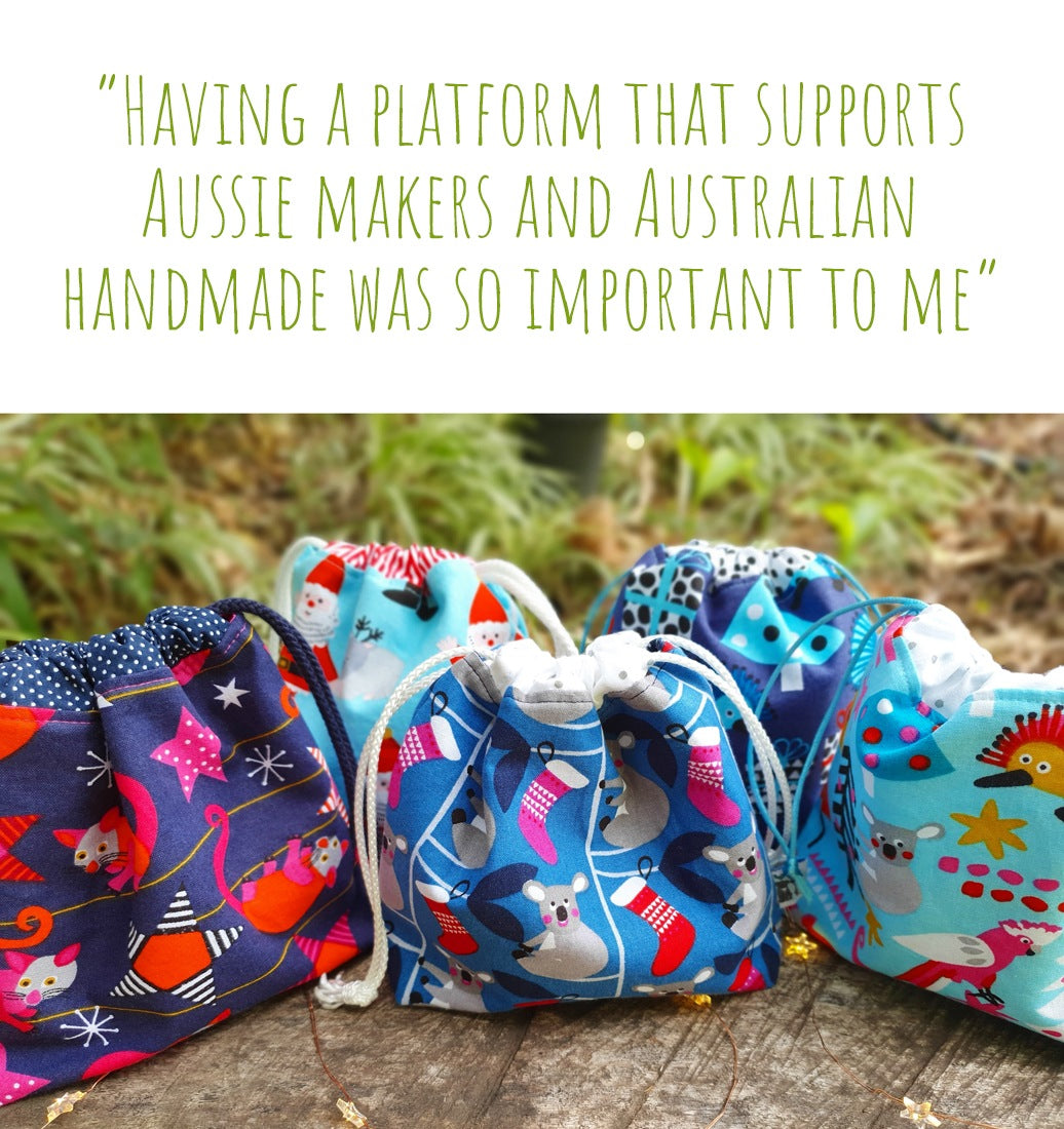 A selection of Australian Christmas print drawstring bags by Birdy & the Boys; ÔHaving a platform that supports Aussie makers and Australian handmade was so important to meÕ