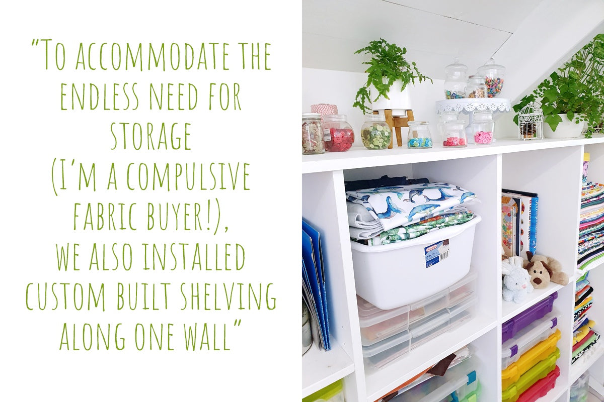 Organised craft supplies in MarcelienaÕs home studio shelving: ÔTo accommodate the endless need for storage (IÕm a compulsive fabric Buyer!), we also installed custom built shelving along one wallÕ
