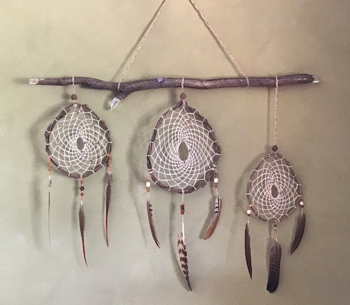 A trio of natural fiber dream catchers by Chez Creatrix Art