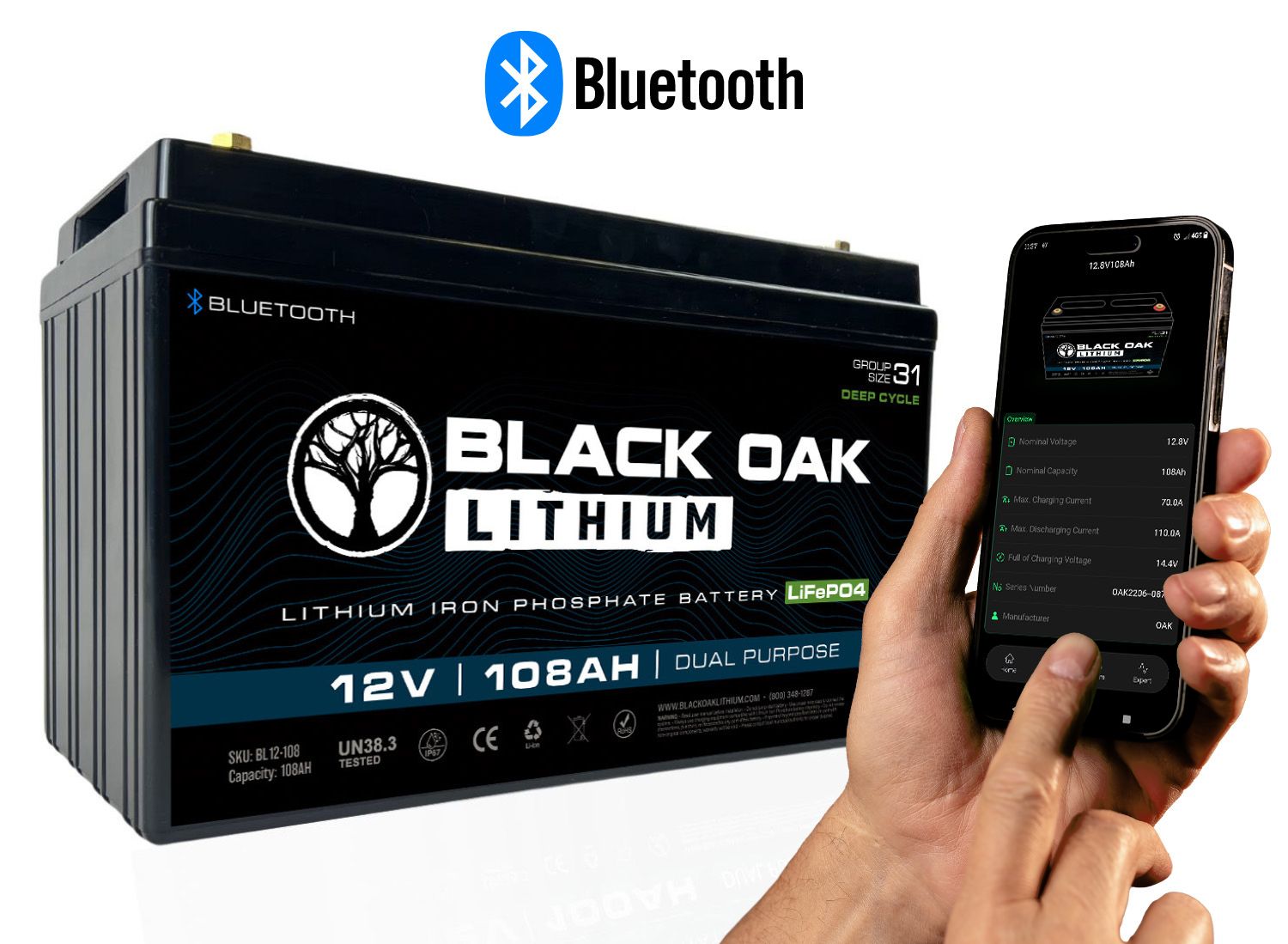 Black Oak Lithium battery connected to the app via Bluetooth