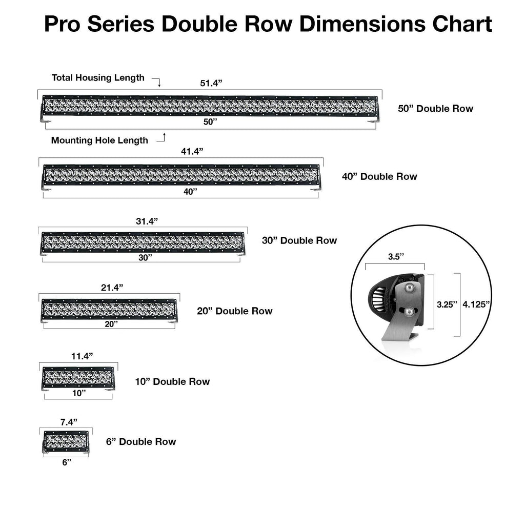 Black Oak LED Pro Series 3.0 Double Row Light Bar Dimension Comparison Chart