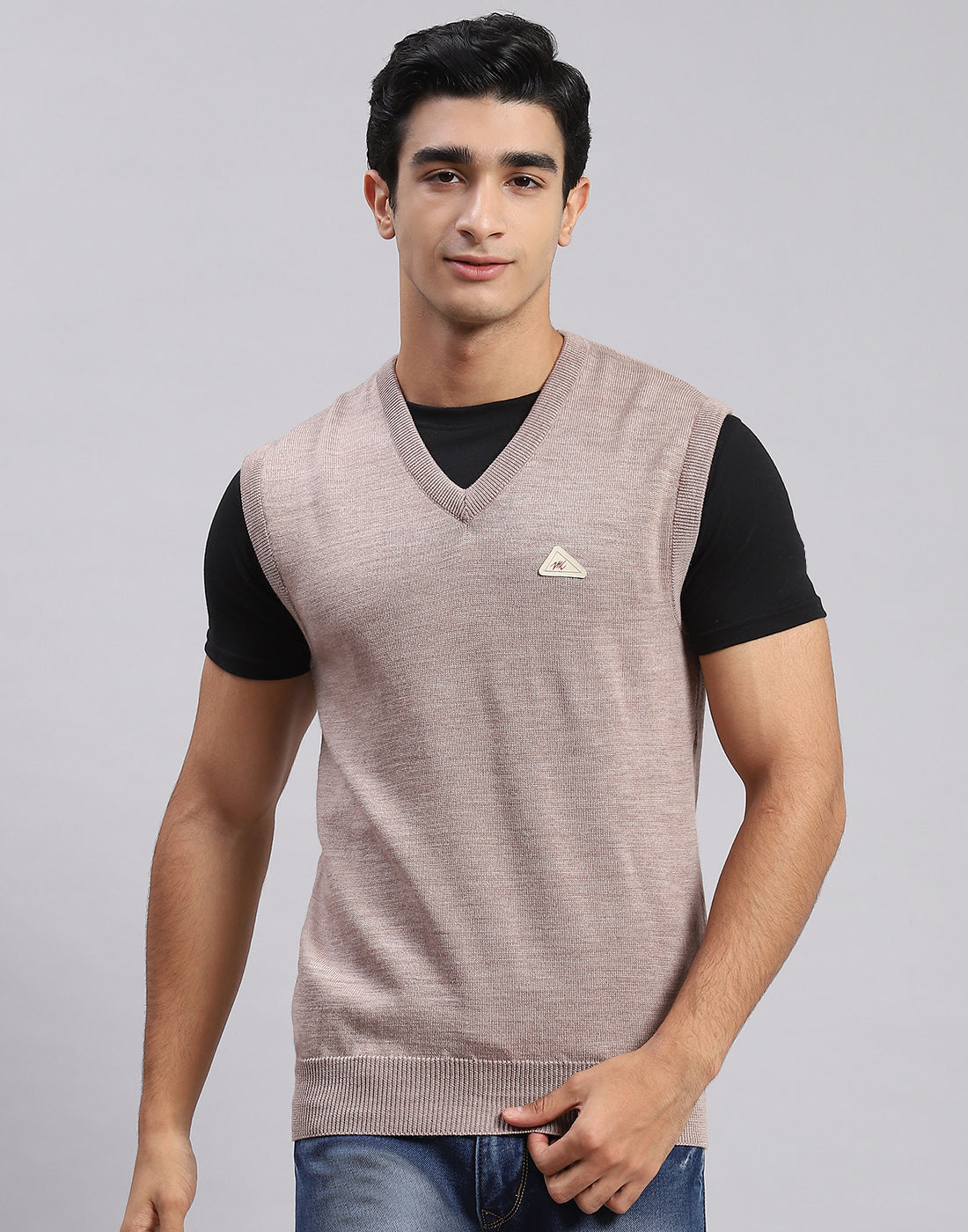 Buy Men Beige Solid V Neck Sleeveless Sweater Online in India - Monte Carlo