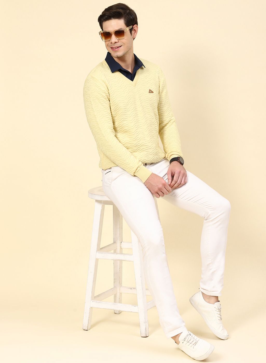 Buy Men Yellow Self Design Wool blend Pullover Online in India