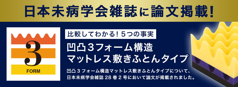 日本未病学会雑誌に論文掲載！比較してわかる5つの事実！凹凸3フォーム構造マットレス敷きふとんタイプ 凹凸3フォーム構造マットレス敷きふとんタイプについて、日本未病学会雑誌28巻2号において論文が掲載されました