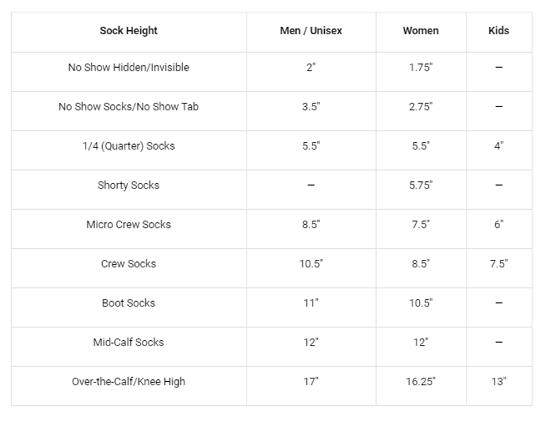 Sock height size chart