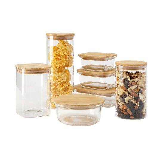 ChasingUtopianGoods Spice Jars Airtight Bamboo with Square Glass Lids Set  of 6