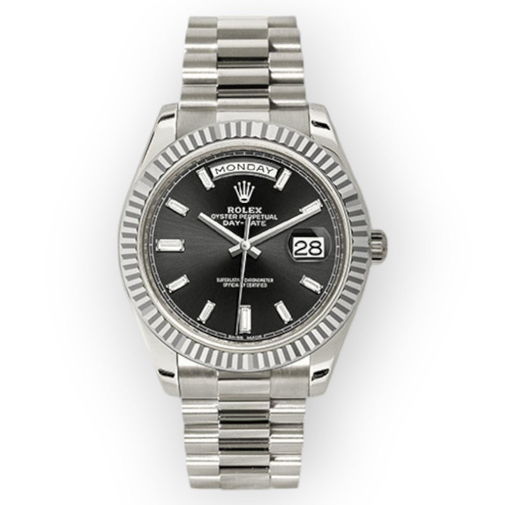 image of Rolex White Gold Day-Date 40 Watch Black Baguette Diamond Dial - President Bracelet