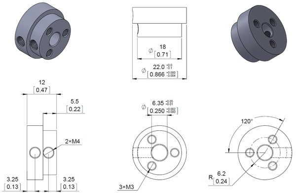 Dimension diagram of the Pololu aluminum scooter wheel adapter threaded mount for 1/4" shafts. Units are mm over [inches].