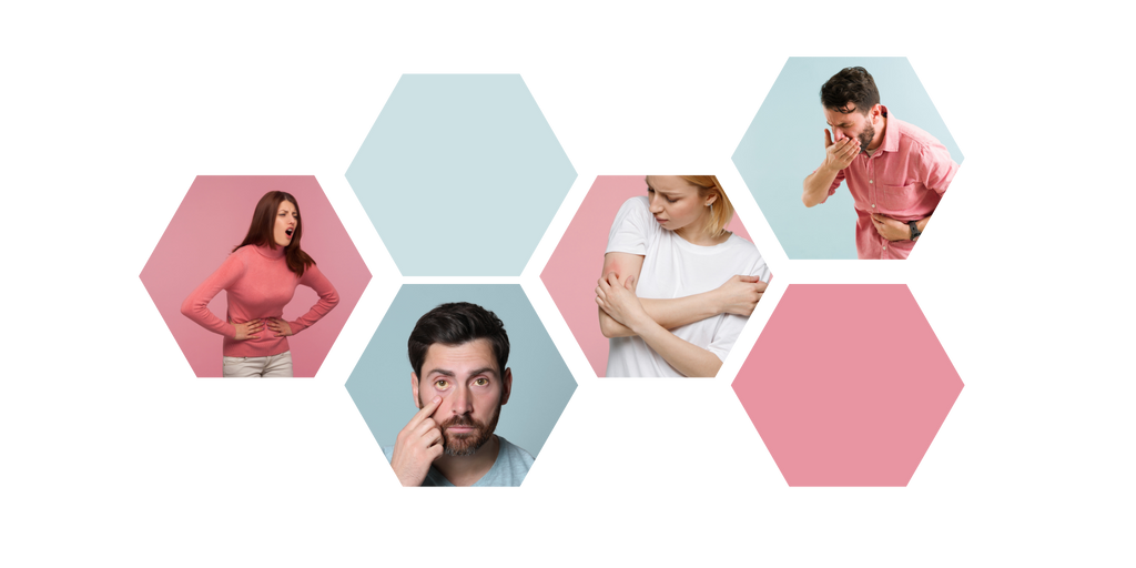 Especially first graphic with a series of images that represent the symptoms of hepatitis: woman grabs hip, has a stomach ache, man with Ikterus, woman with itchy arm, man is a man's mouth because of nausea