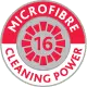 Etikettengrafik für ein Vileda-Reinigungsprodukt mit dem Text „PVAmicro Microfasertuch 16 Reinigungskraft“ in Weiß und Rot auf grünem, kreisförmigem Hintergrund.