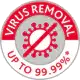 Rundes Badge-Logo mit einem roten, weiß durchgestrichenen Virensymbol, umgeben vom Text „Virenentfernung bis zu 99 %“ in Rot und Grau, auf einem Vileda PVAmicro Microfasertuch – 5 Stück.