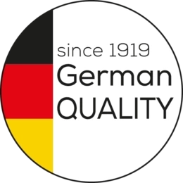 Das Logo besteht aus einem diagonal geteilten Kreis, der zur Hälfte aus Schwarz und zur anderen Hälfte aus Weiß besteht, mit der deutschen Flagge im oberen rechten Quadranten. Der Text lautet: „Seit 1919 deutscher Qualität Beurer Insektenstichheiler BR 60.“