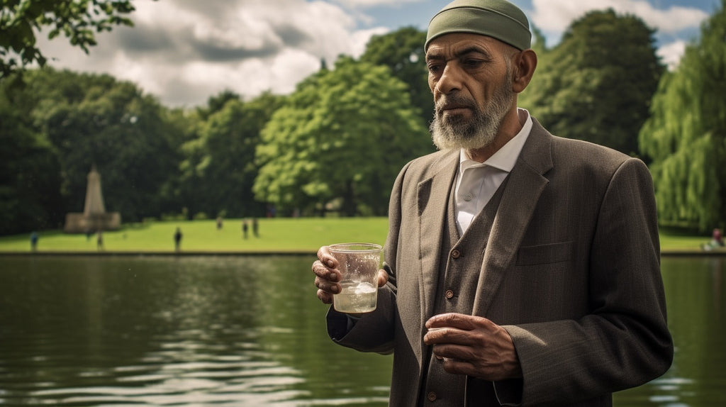 Muslim man enjoying a refreshing cup of water in Hyde park