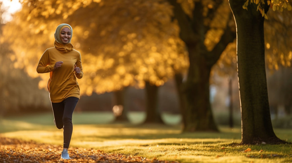 Muslim woman running outside after consuming energy-boosting dates