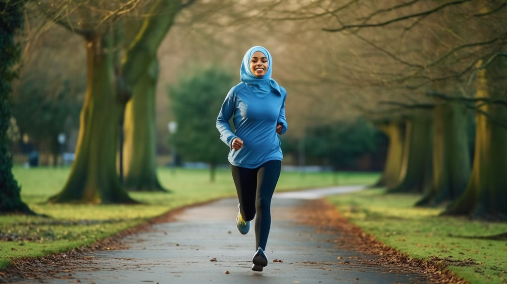 Muslim woman maintaining health by running in a park, in line with Quranic teachings