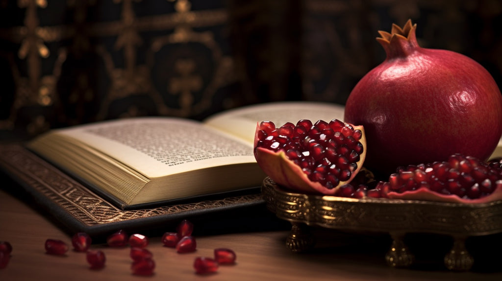 Pomegranate placed next to the Holy Quran, symbolising its significance as a fruit mentioned in Islamic scripture