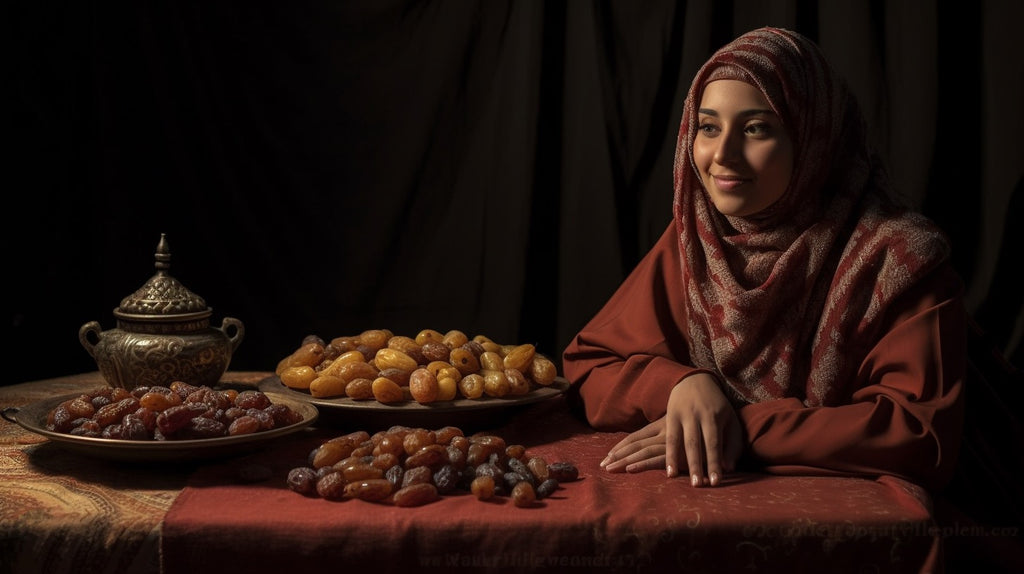 Muslim woman proudly displaying her extensive collection of healthy dates