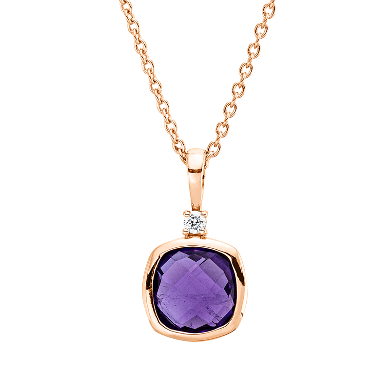 Collier 18 kt RG, mit ZÖ 42,5 cm + 40,0 cm, 1 Brill. 0,02 ct, TW-si, 1 Amethyst 0,89 ct lila Legierung:18kt
