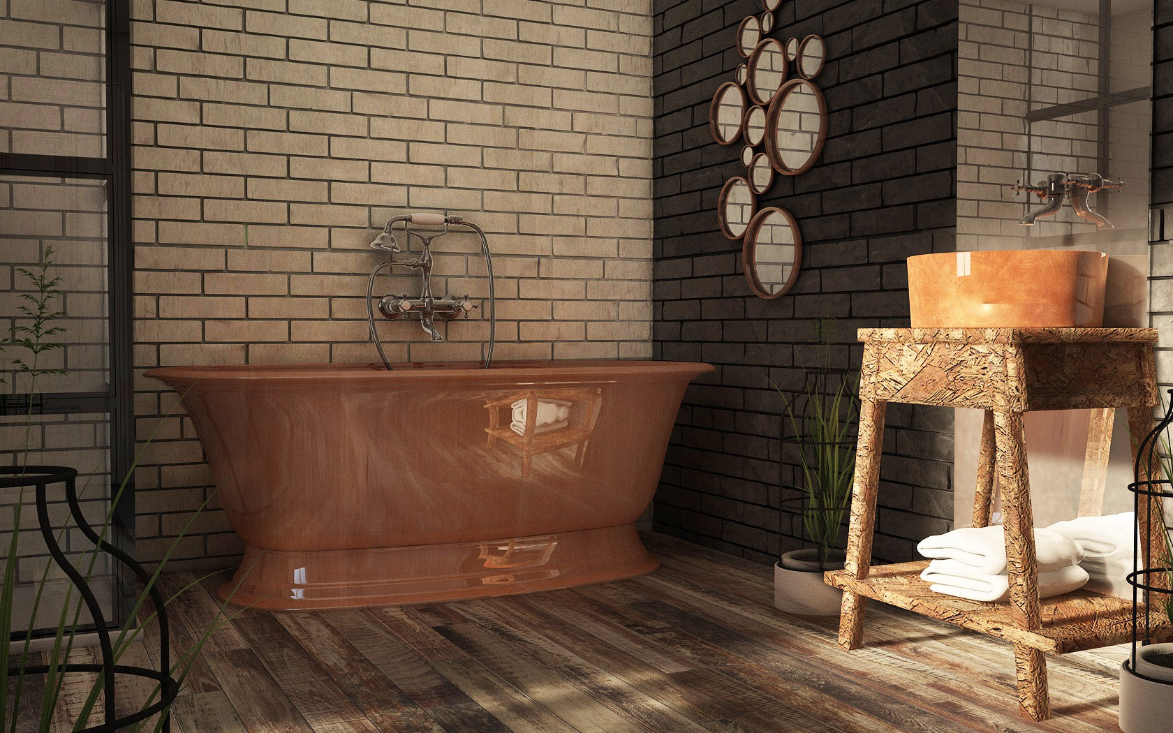 Industrial Bathroom with Copper Bath
