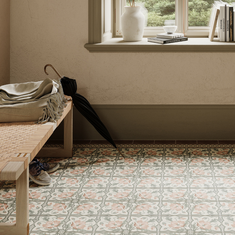 A Patterned Tiled Hallway, decorated by Baked Tiles' 1860 Collection, featuring floral colouring and design.