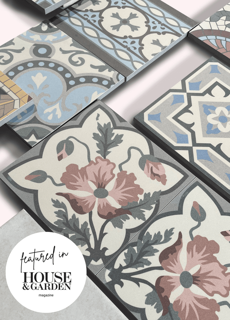 Encoustic style tiles, featuring blue, cream and black colouring from The Baked Tile Company