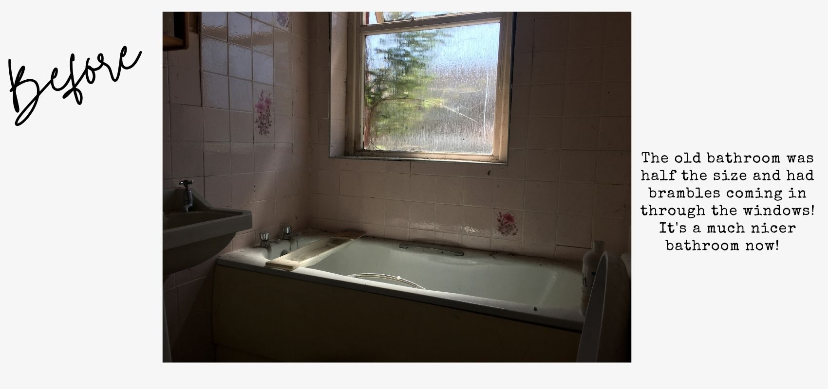 The old bathroom was half the size and had brambles coming through the windows!
