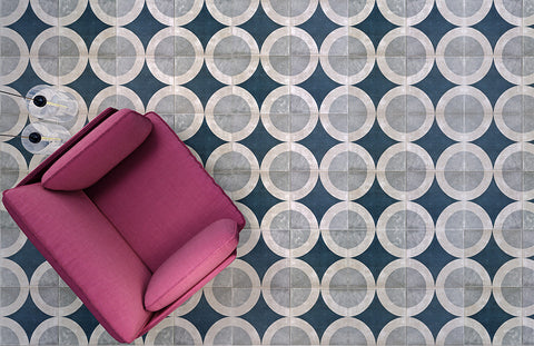 Echo Circle decorative floor tiles from The Baked Tile Company, used within a modern living room design.