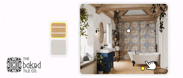 A gif outlining the ability of Baked Tiles' Visualiser - seamlessly changing wall and floor tiles in a stylish bathroom
