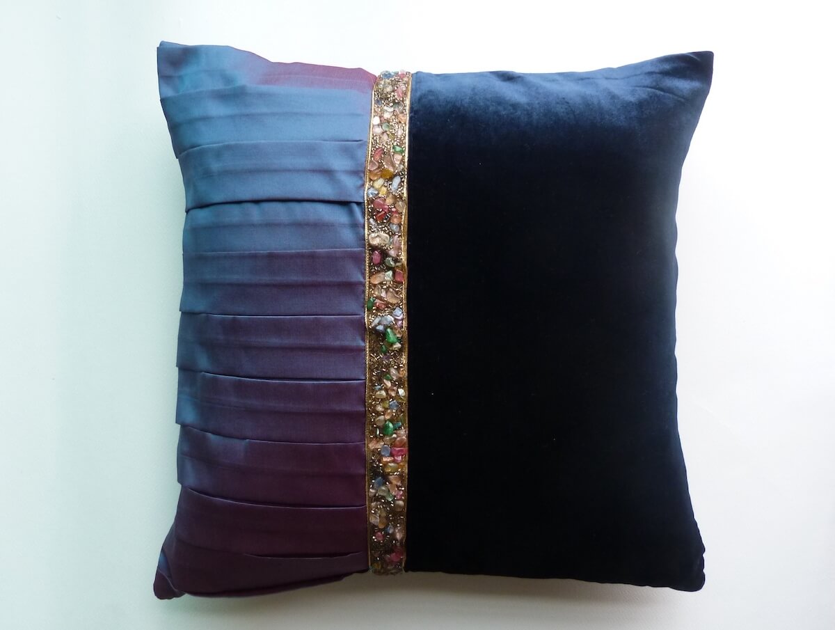 Multicolor Bold Lace Dual colour Velvet and Taffeta Blue Cushion Cover Size 16"x16"