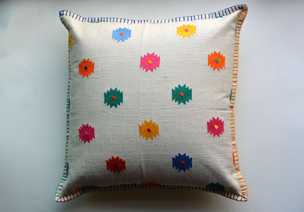 Elegant Off-White Cotton Linen Multi-Colour Embroidered Cushion Cover - 16''x16'' Size