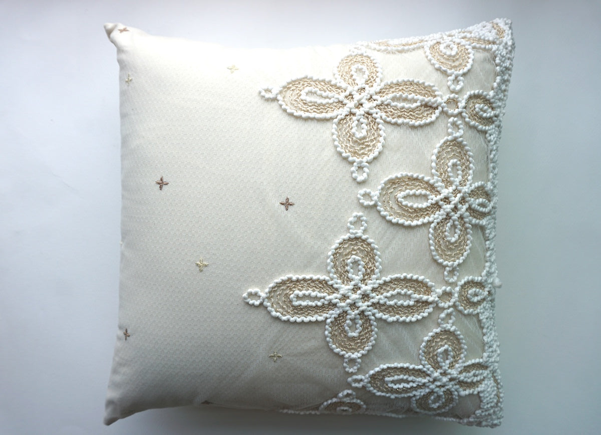 Naturally Neutral Bold Floral Embroidery Net with Cotton Base Off-White Cushion Cover Size 16"x16"