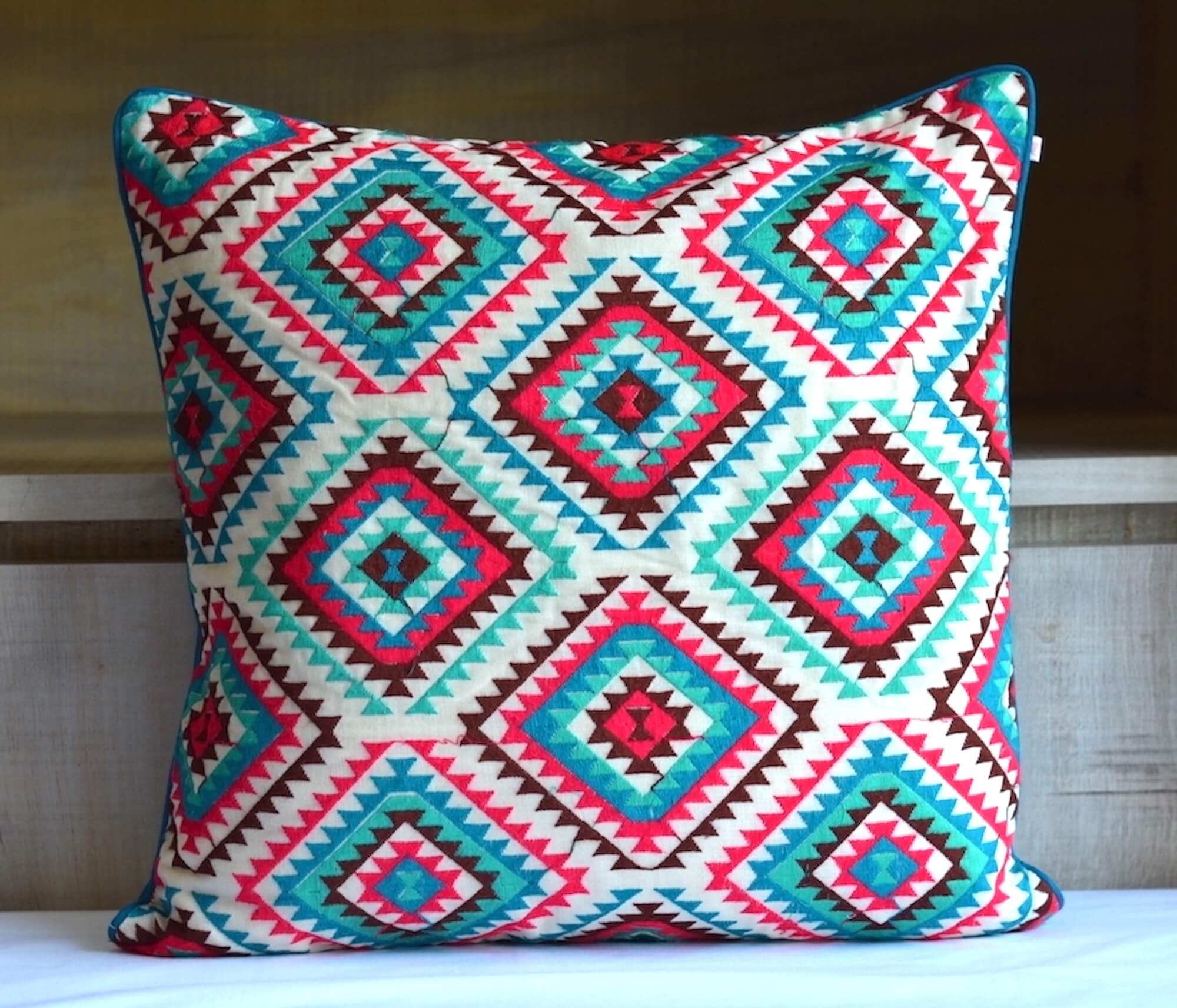 Bohemian Embroidered Multicolor Cotton Cushion Cover Size 16"x16"