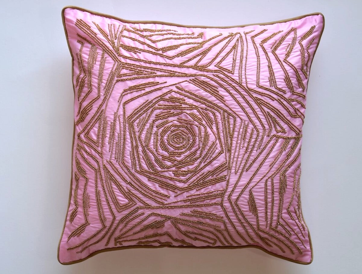 Decorative Rose Pattern Golden Beads Hand Embroidered Luxurious Cushion Cover Size 16"x16"