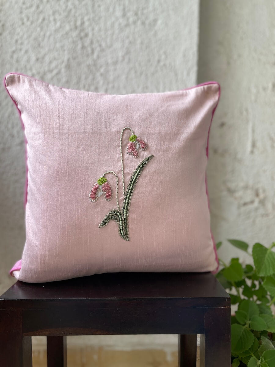 Floral Hand Embroidered Dupion Silk Cushion Cover Size 16''x16"