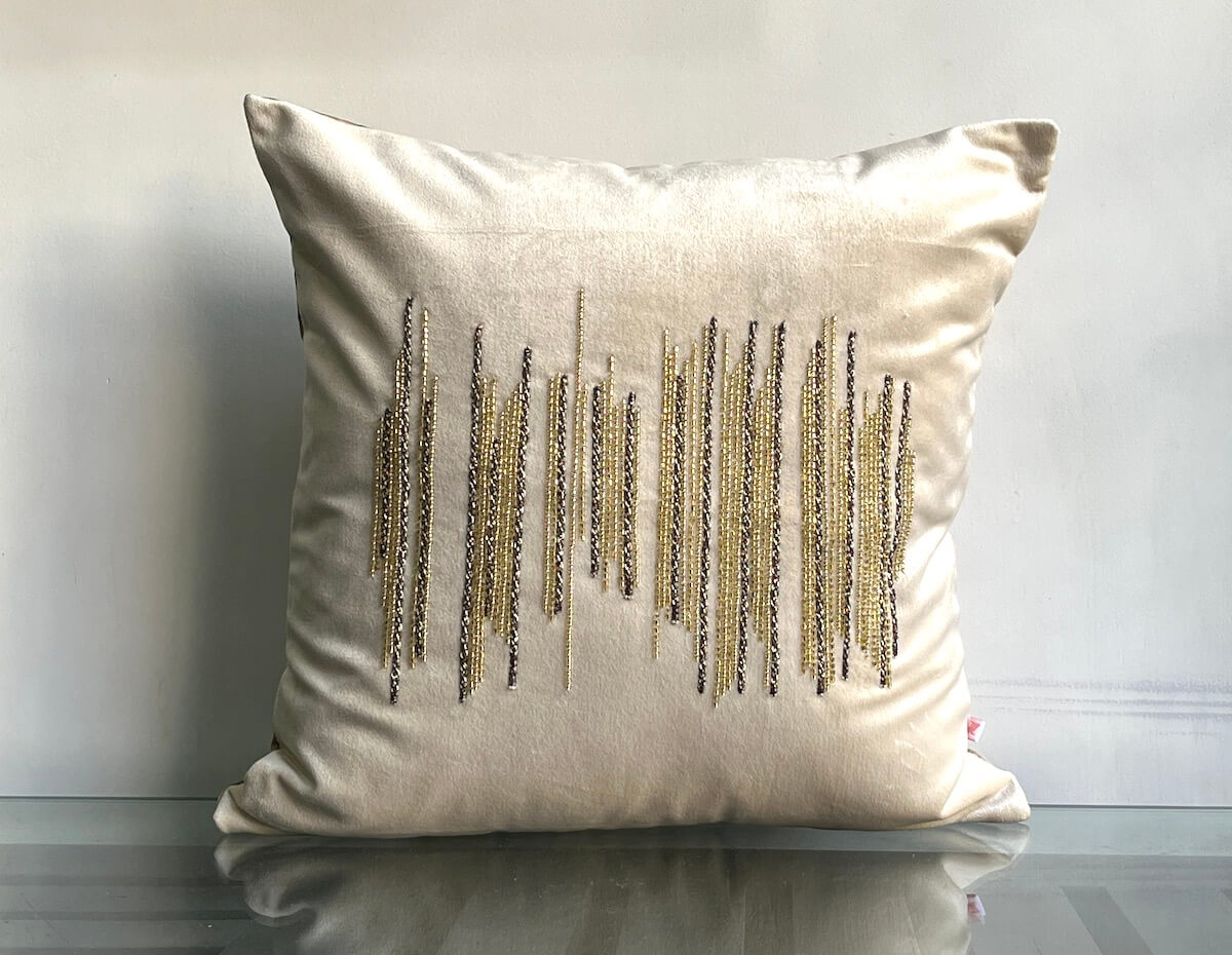 Hand Embroidered Metallic Scribble Lines Pattern Velvet Beige Cushion Cover Size 16"x16"