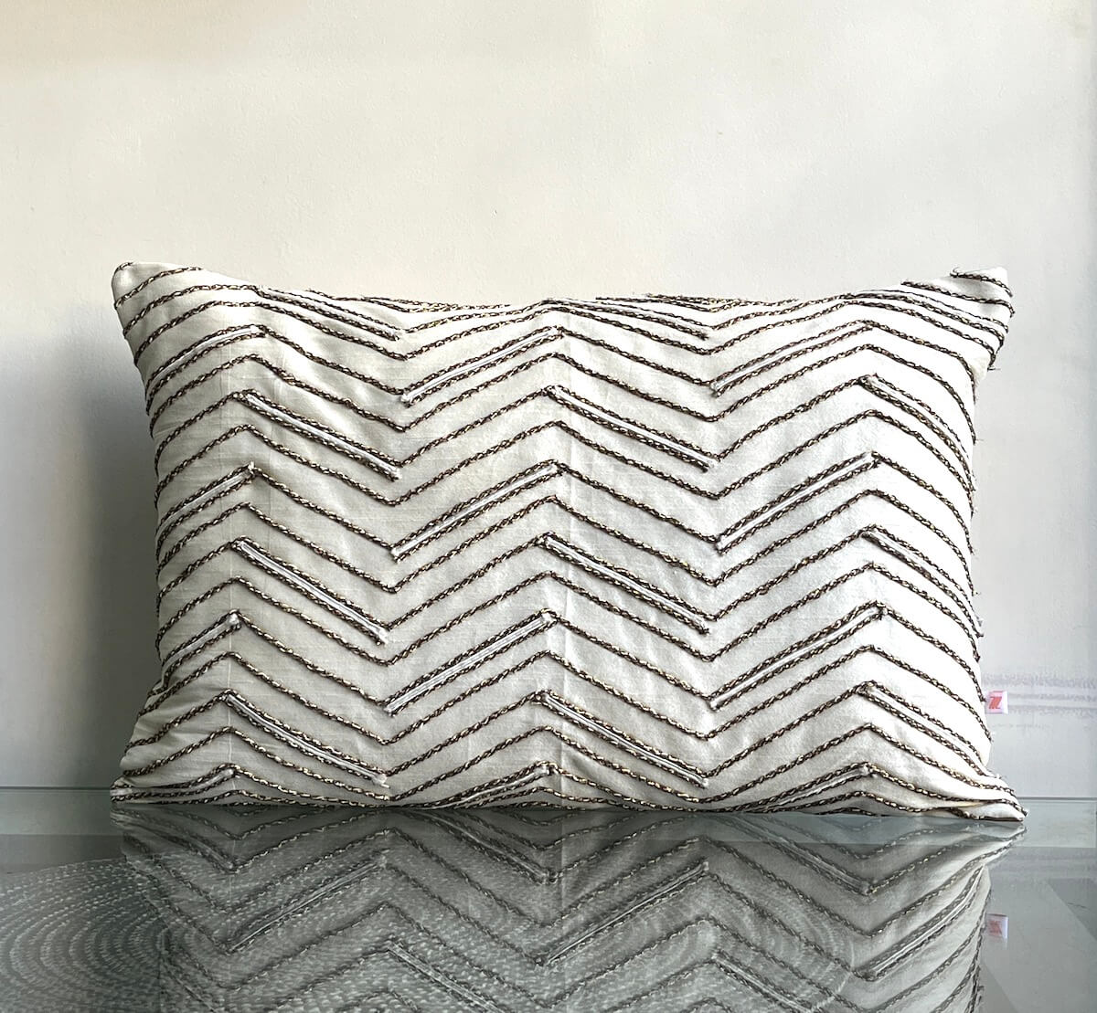 Hand Embroidered Metallic Zig Zag Lines Pattern Art Silk Cream Lumbar Cushion Cover Size 12"x18"