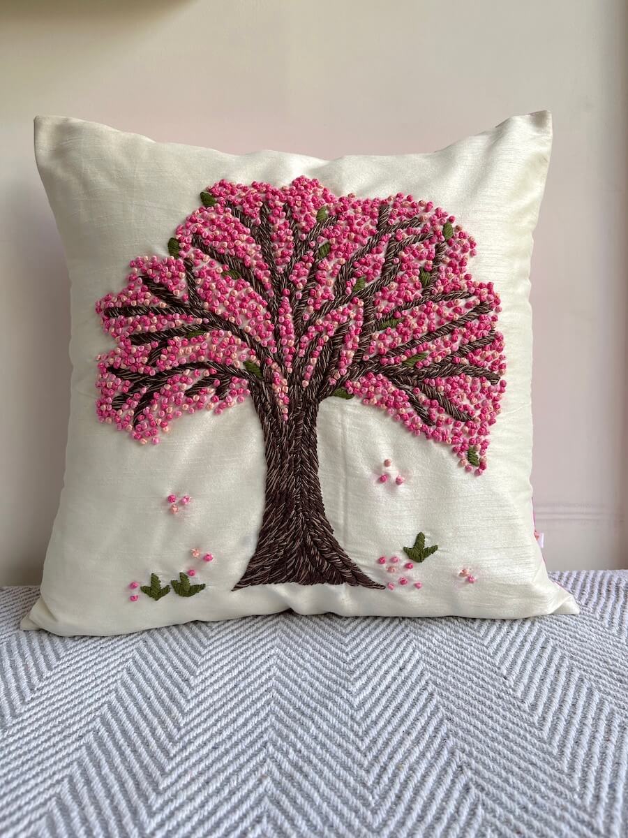 French Knot Embroidered Tree of Life Motif Embroidered Dupion Silk Cushion Cover Size 16"x16"