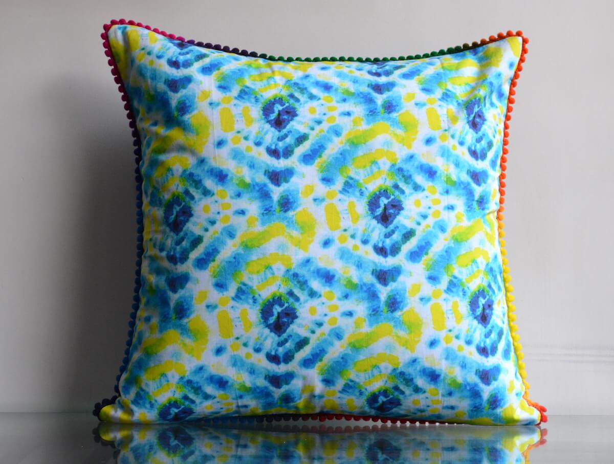 Tie Dye Pattern Neon Yellow & Blue Colours Cotton Cushion Cover - 16"x16" Size