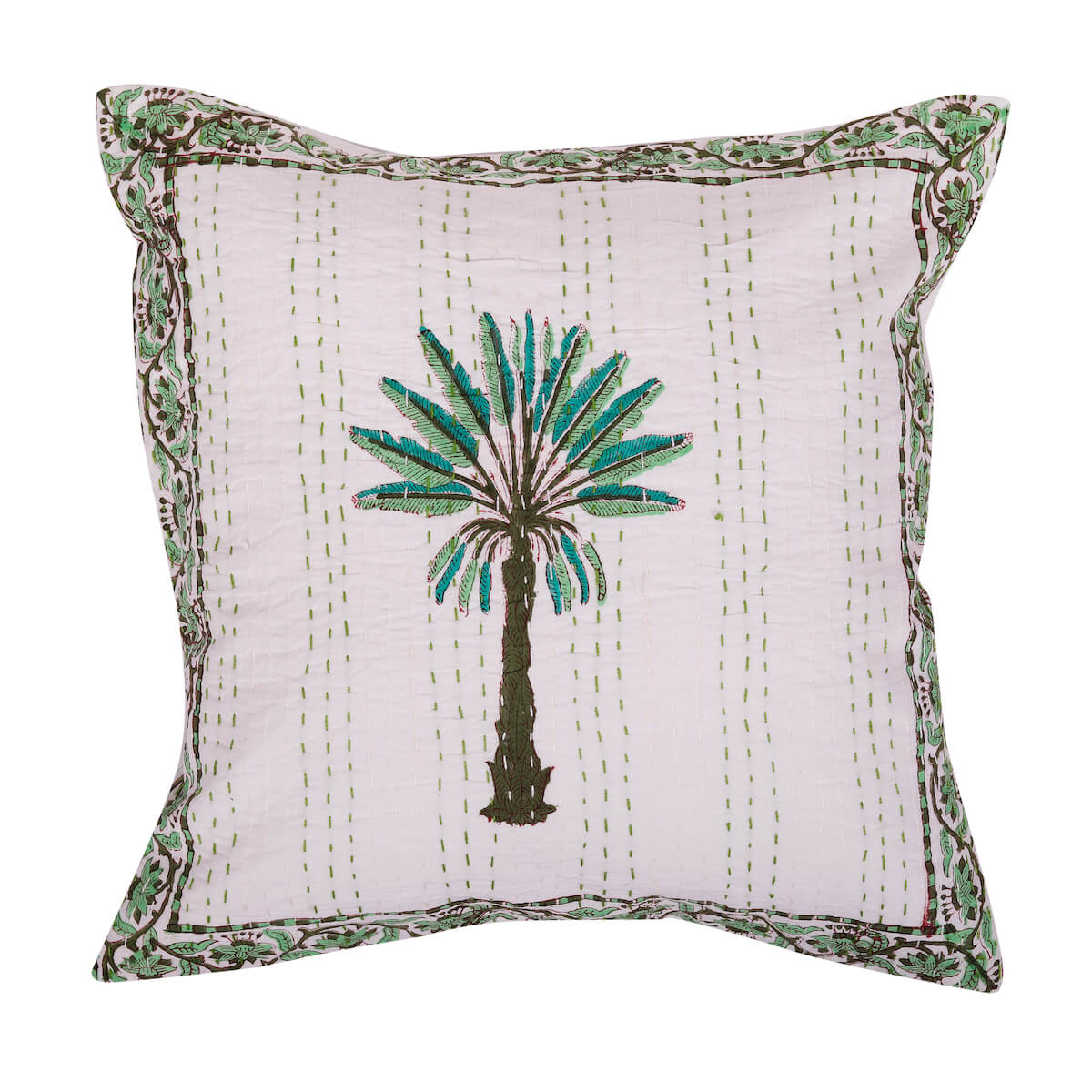 Jaipur Hand Block Print Palm Tree Decorative Stitch Cotton Cushion Cover - 16"x16" Size