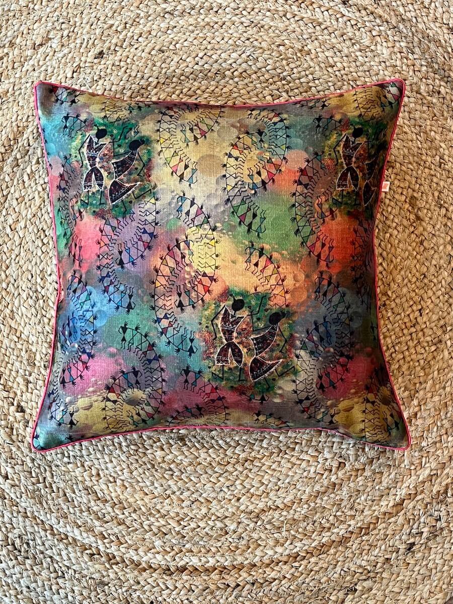 Classy Warli Design Printed Khadi Silk Multicolour Cushion Cover - 16''x16'' Size