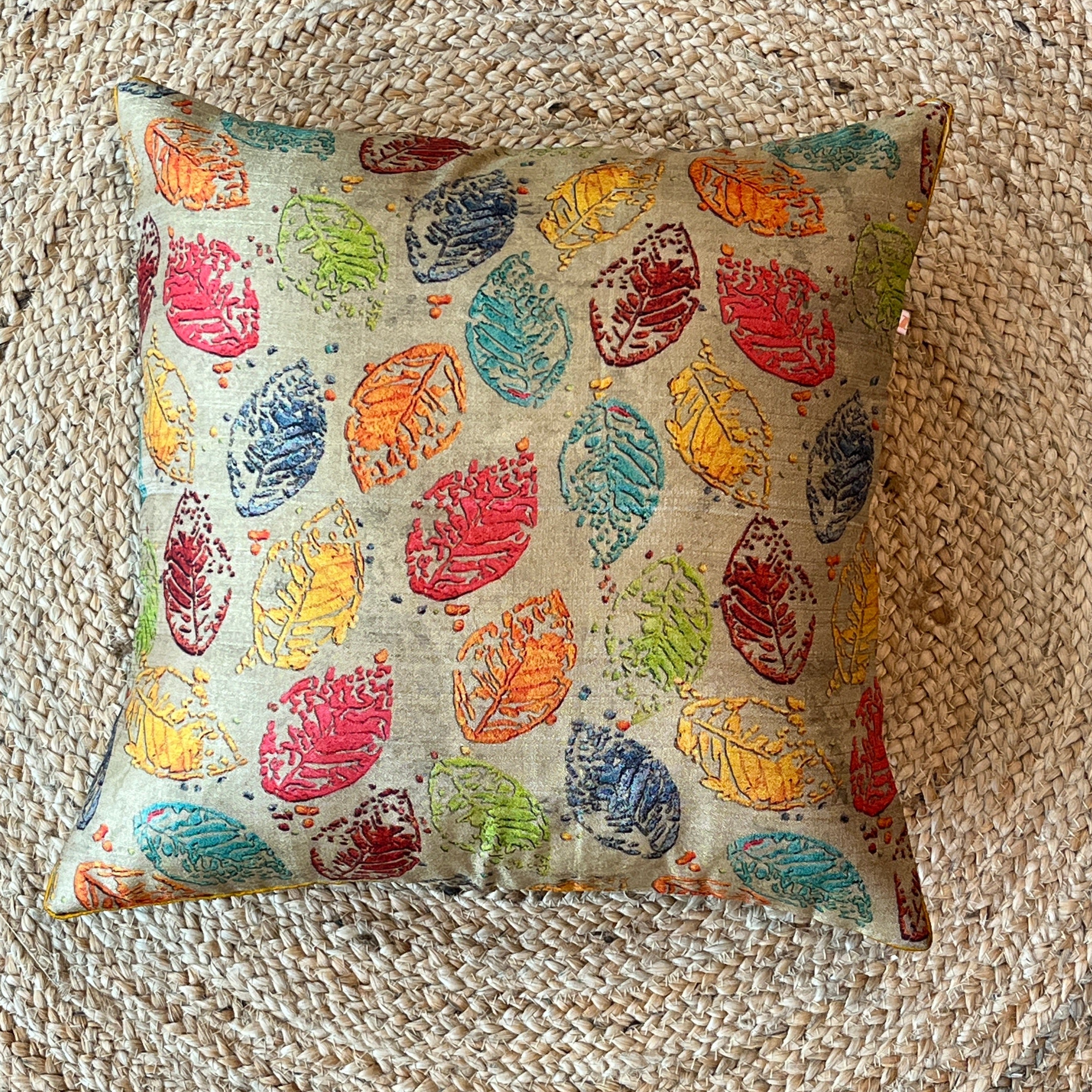 Classy Leaf Design Printed Khadi Silk Multicolour Cushion Cover - 16''x16'' Size