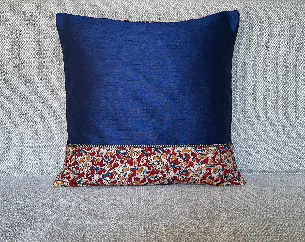 Kalamkari floral print cotton mix n match royal blue dupion silk cushion covers size 16"*16"
