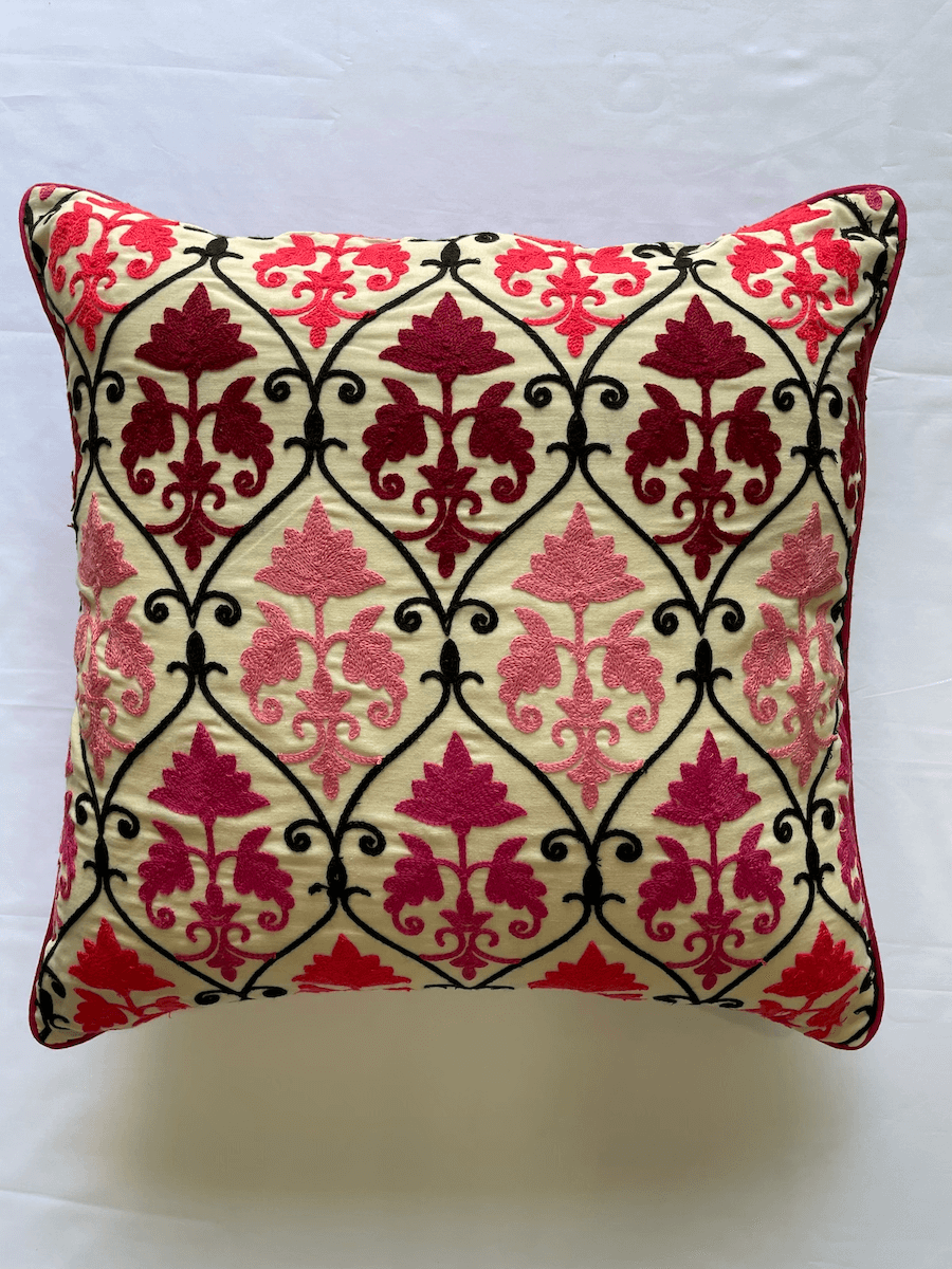 Floral Embroidered Fine Cotton Pink Color Cushion Cover - 16''x16" Size