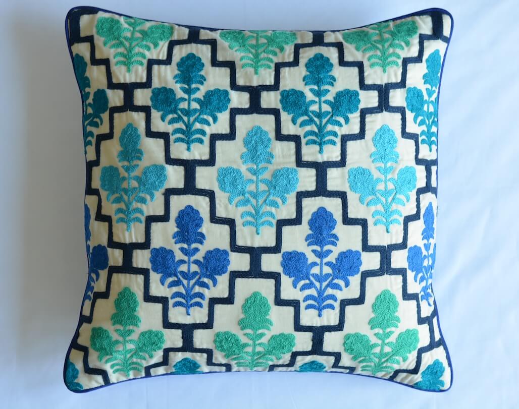 Embroidered Fine Cotton Blue Color Cushion Cover 16''x16" - Size
