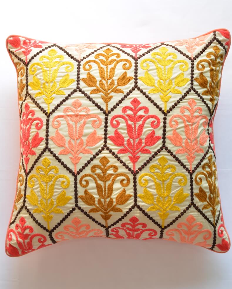 Floral Embroidered Fine Cotton Coral Color Cushion Cover - 16''x16" Size