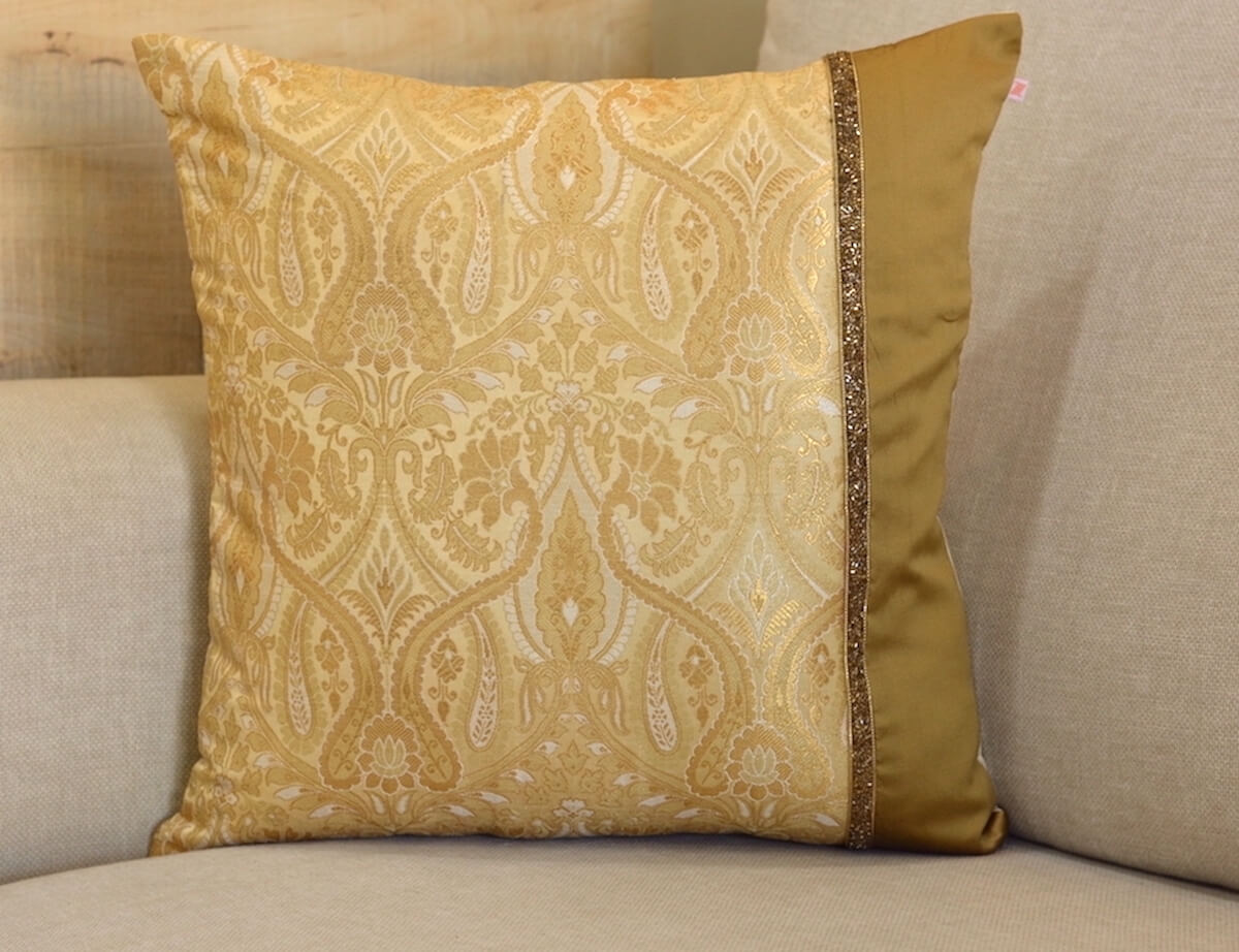 Luxurious Cream & Golden Brocade Decorative Self Design Cushion Cover - 16"x16" Size