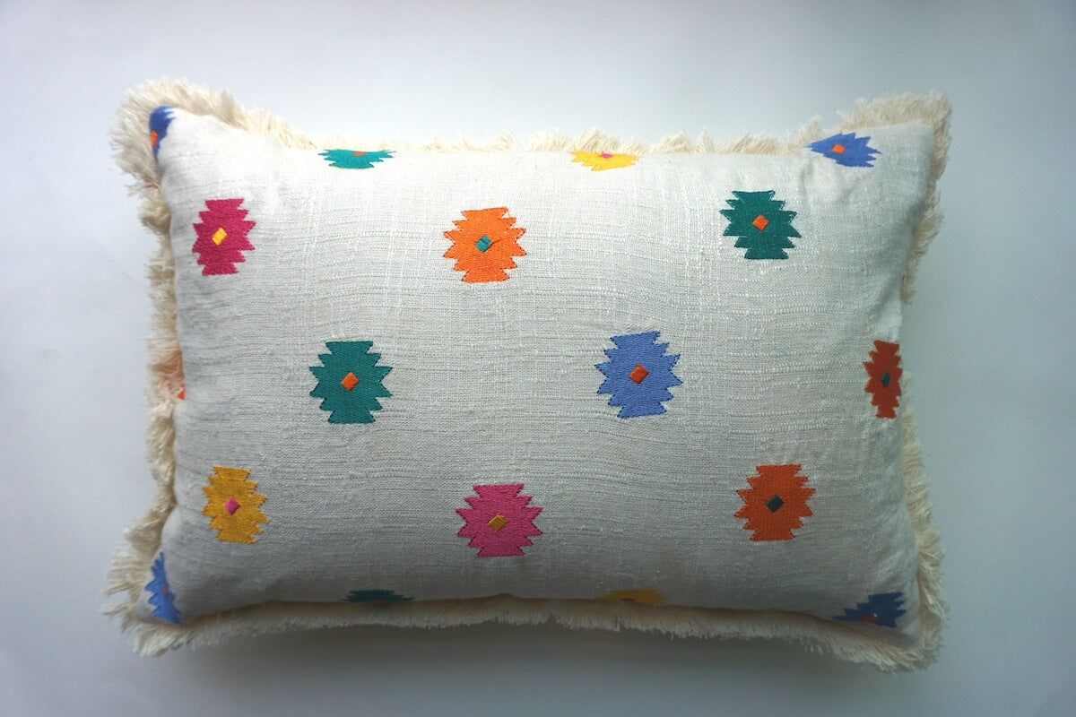 Boho Look Cotton Linen Buti Embroidered Multicolour Lumbar Cushion Cover Size 12"x18"