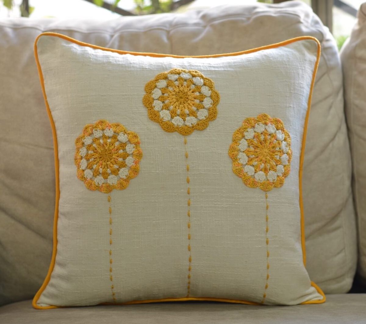 Cotton Linen Crochet Sunflowers Cream Color Cushion Cover - 16"X16"