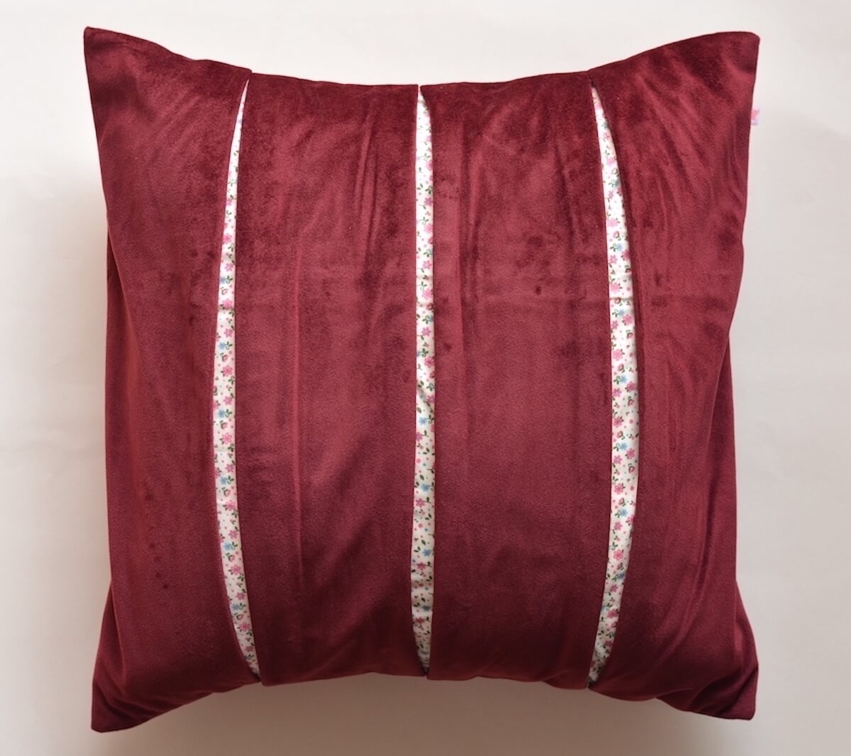 Designer Pleated Pattern Velvet & Cotton Printed Cushion Cover - Maroon, 16''x16'' Size